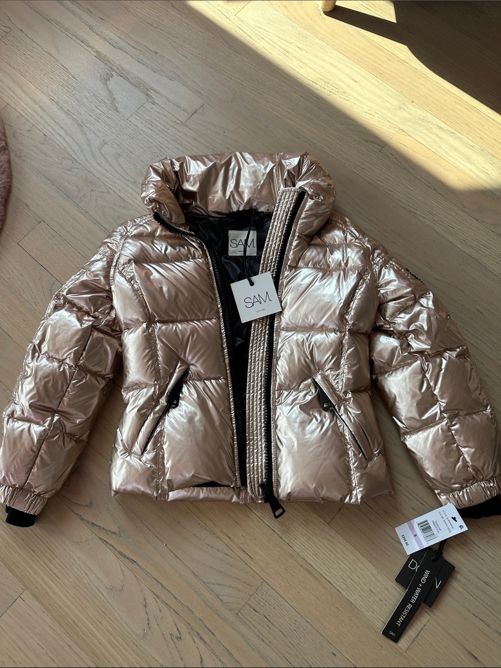 SAM. Metallic Girls Puffer Jacket in Whitr Gold with Rose Accent